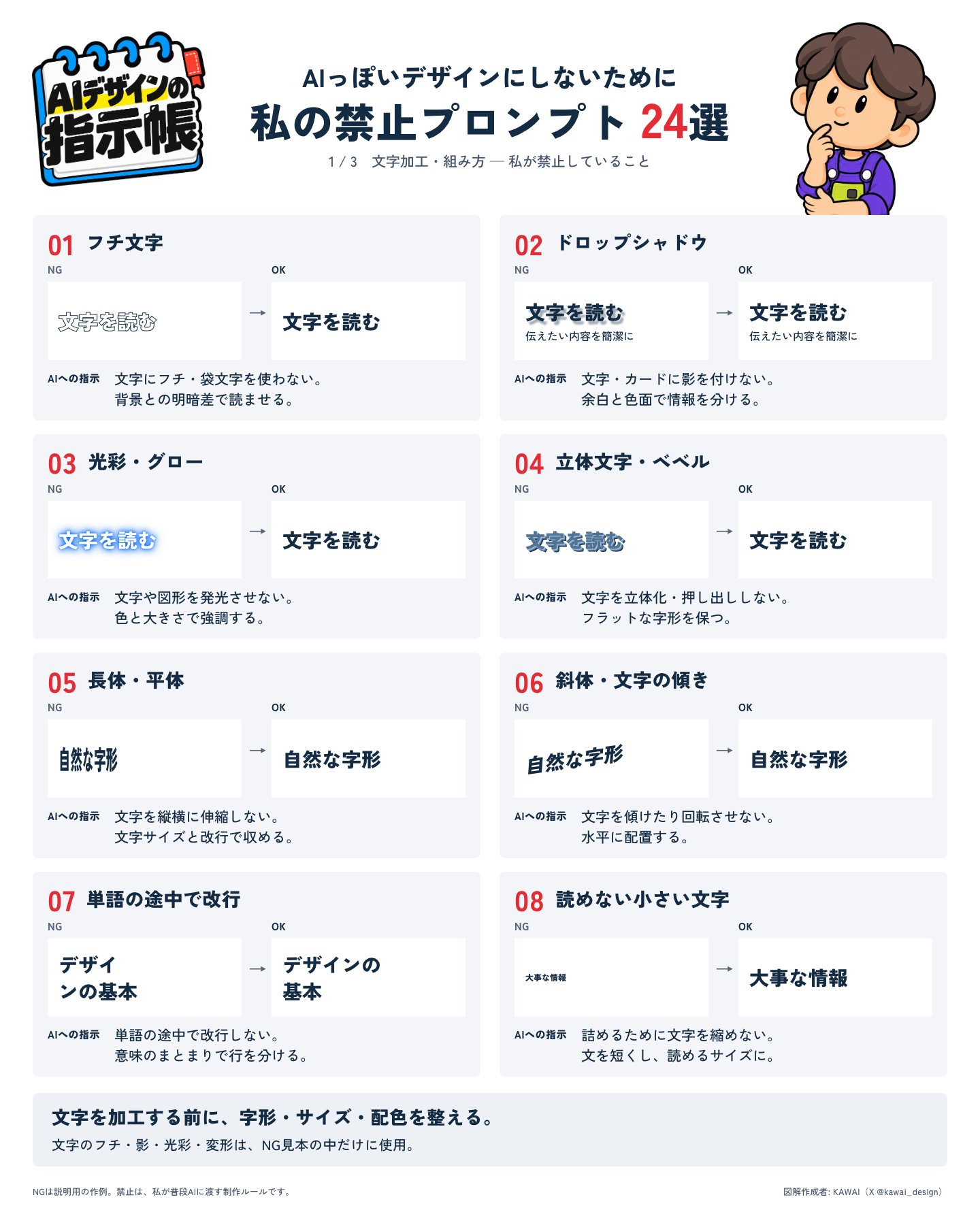 KAWAIさんの図解1:文字加工・組み方に関する8つのNGとOKの比較